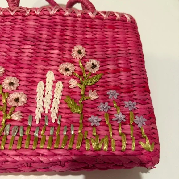 Vintage 1980’s Marlo Pink Floral Embroidered Woven Tote Bag Purse - Picture 5 of 14